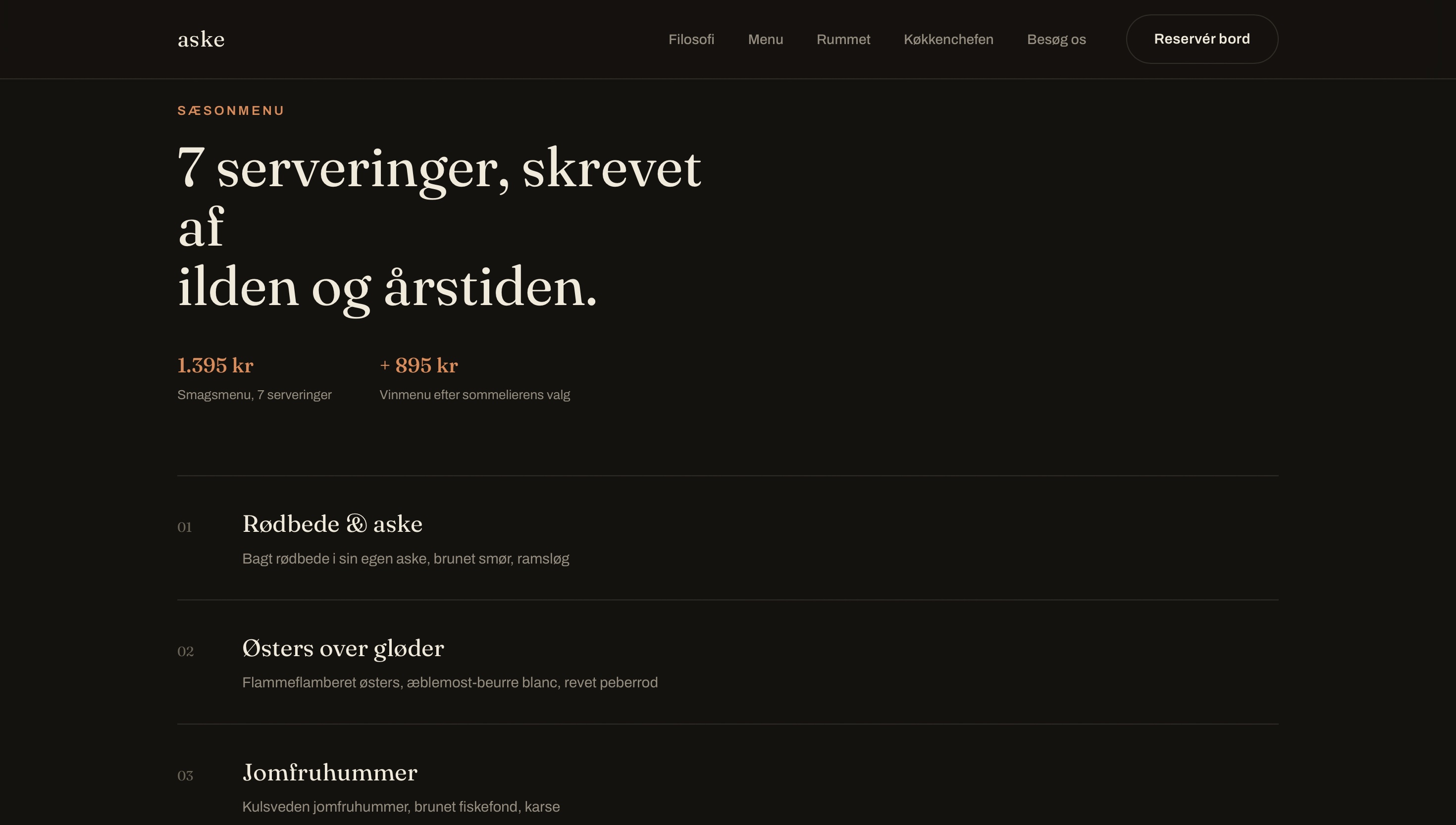 Sæsonmenu-siden på hjemmesiden til restaurant ASKE