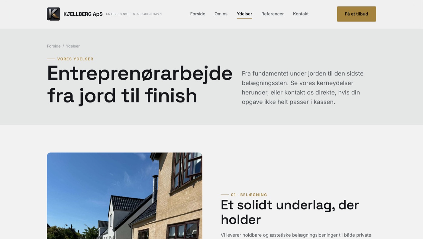Ydelser-siden på hjemmesiden for KJELLBERG ApS