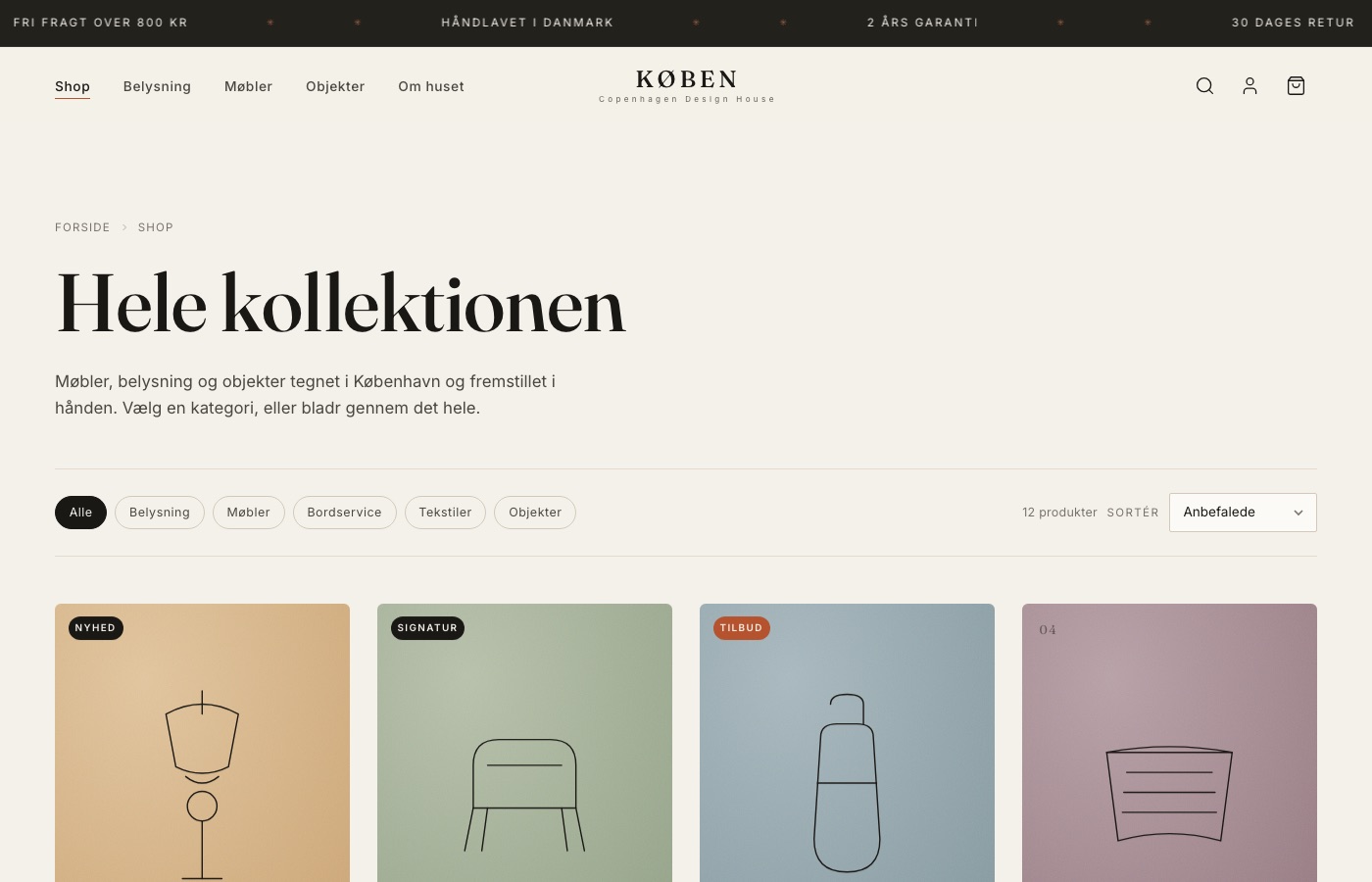 Shop-siden på hjemmesiden til KØBEN designhus